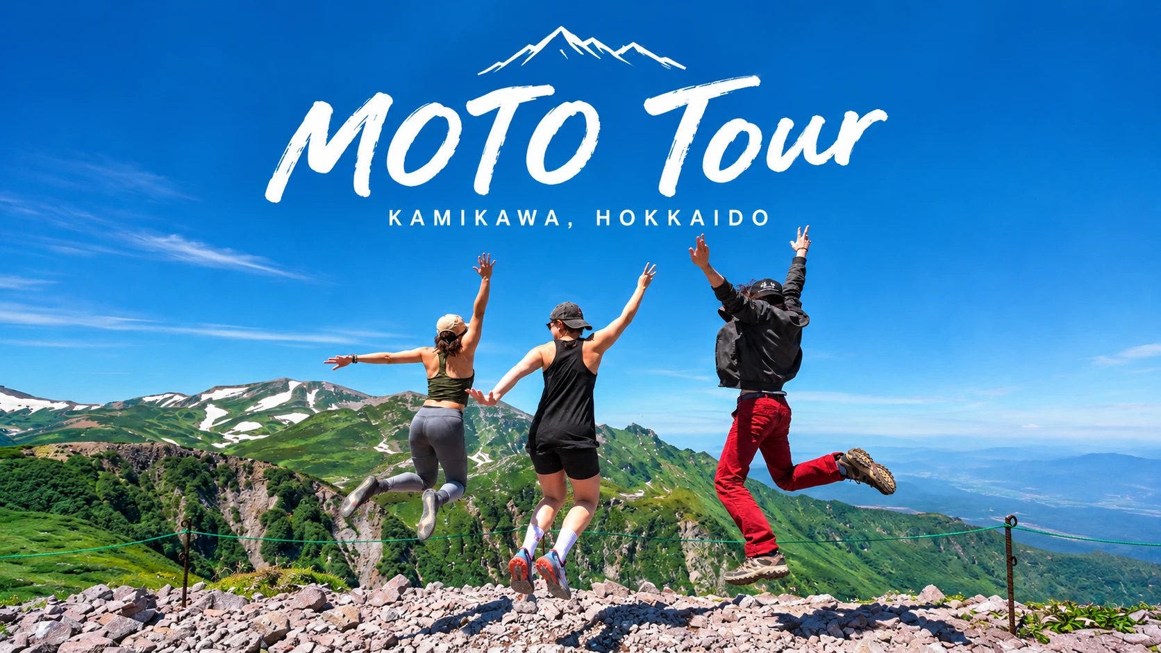 MOTO Tour, Kamikawa, Hokkaido. Three hikers jumping on a summit in Daisetsuzan